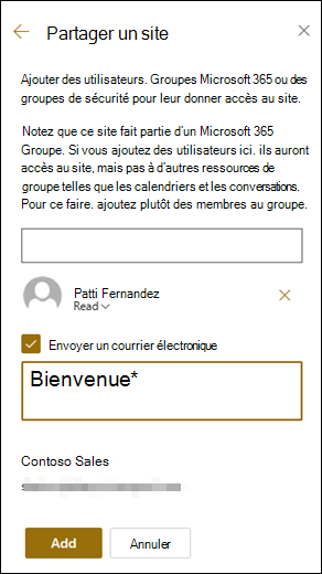 Aperçu du volet Partager le site.