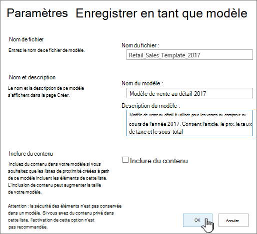 Page Enregistrer en tant que modèle