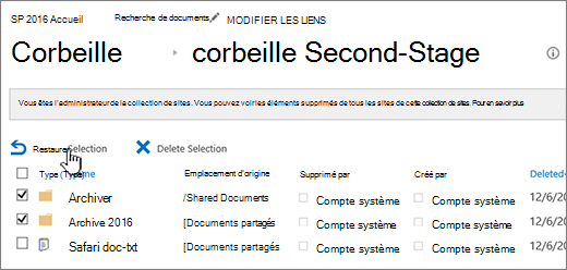 SharePoint - Corbeille second niveau avec le bouton Restaurer mis en évidence