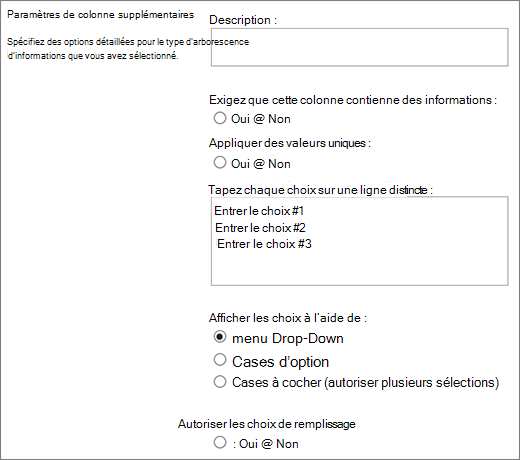 Options pour les colonnes Choice