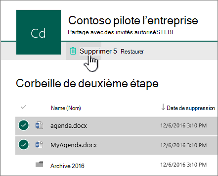 Recyclage sharePoint Online de 2e niveau avec le bouton Supprimer mis en surbrillance