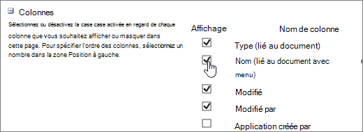 Boîte de dialogue Sélecteur de colonnes