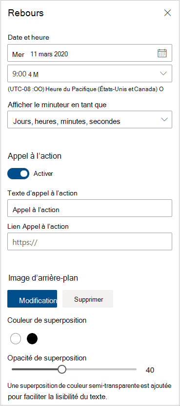 Paramètres du minuteur de compte à rebours