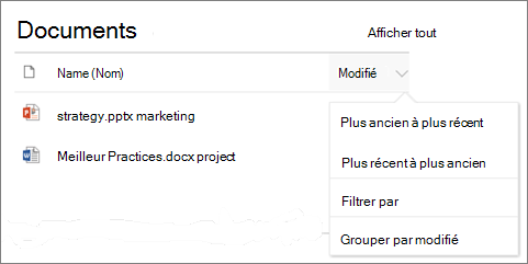 Composant WebPart Bibliothèque de documents affichant le menu trier, filtrer et grouper