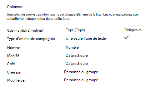 Section Colonne de liste dans Paramètres de liste