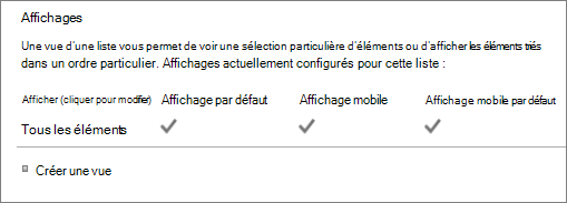 Section Affichage liste dans Paramètres de liste