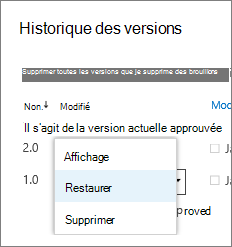 Menu d’élément de version