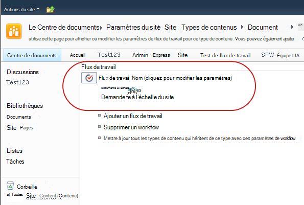 Lien pour changer les paramètres du flux de travail
