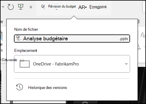 Menu déroulant du titre du document dans Word pour Office 365