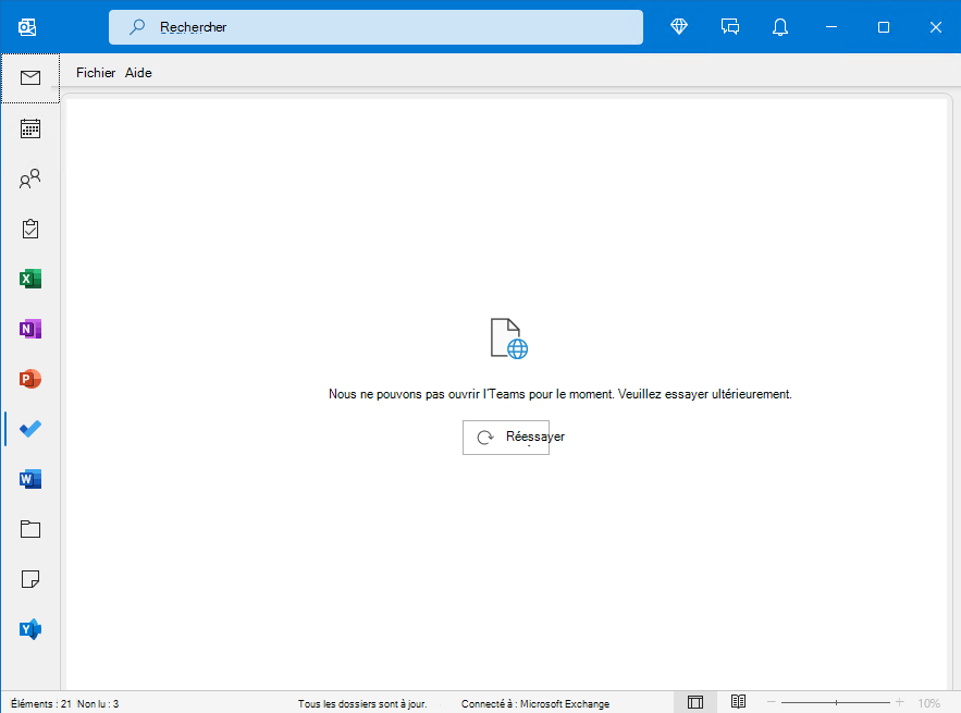 Image de la fenêtre Outlook avec erreur impossible d’ouvrir l’application d’équipe