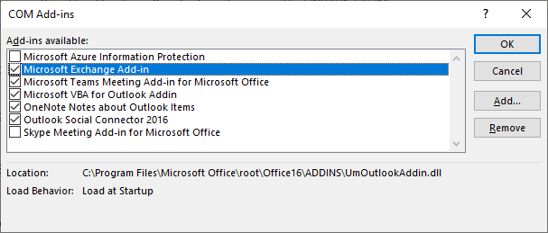 La fenêtre du complément coms Outlook est ouverte.