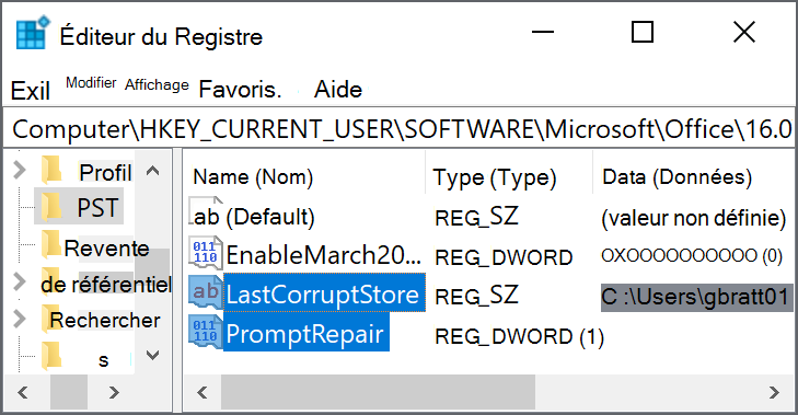 Paramètres du Registre pour supprimer LastCorruptStore PromptRepair=dword :00000001