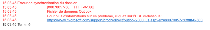 Erreur de dossier Problèmes de synchronisation 80070057-30FFFFFF-0-560