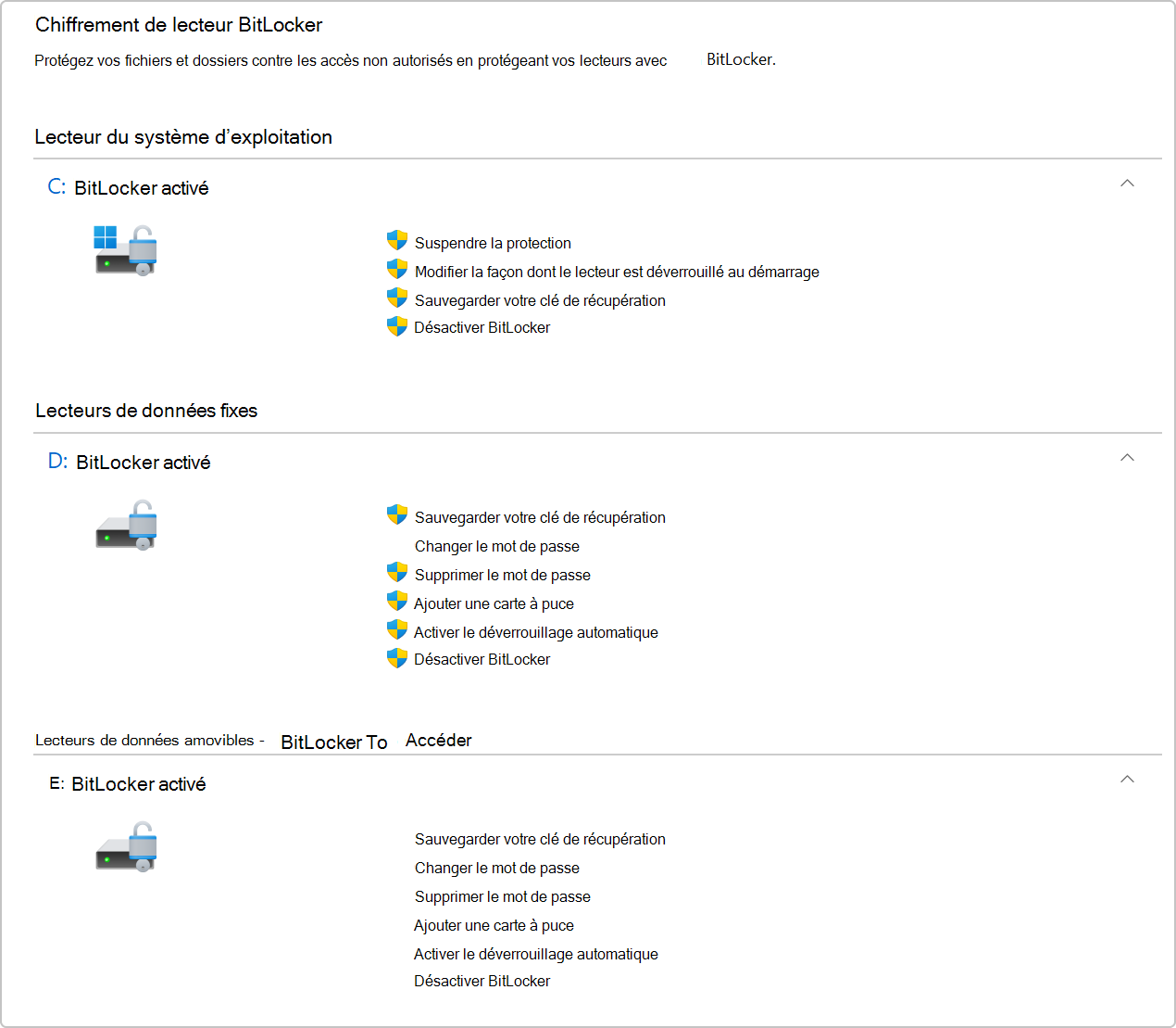 Capture d’écran du chiffrement de lecteur BitLocker dans Panneau de configuration.
