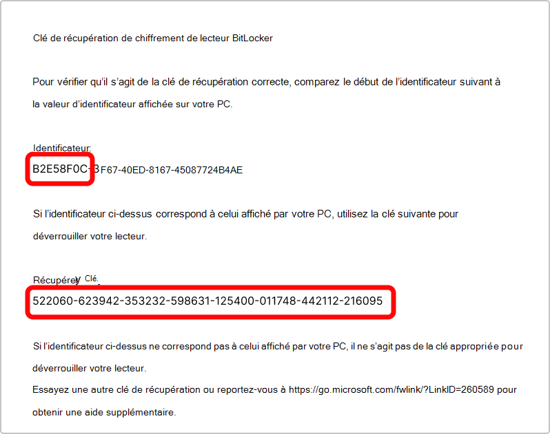 Capture d’écran de l’impression de la clé de récupération BitLocker.