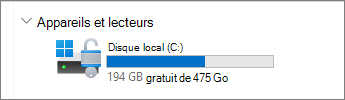 Image de l’Explorateur de fichiers de l’espace disponible sur le lecteur C.