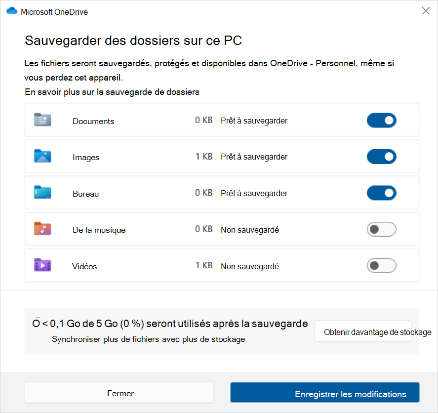 Capture d’écran de la sauvegarde OneDrive dans Windows 10.