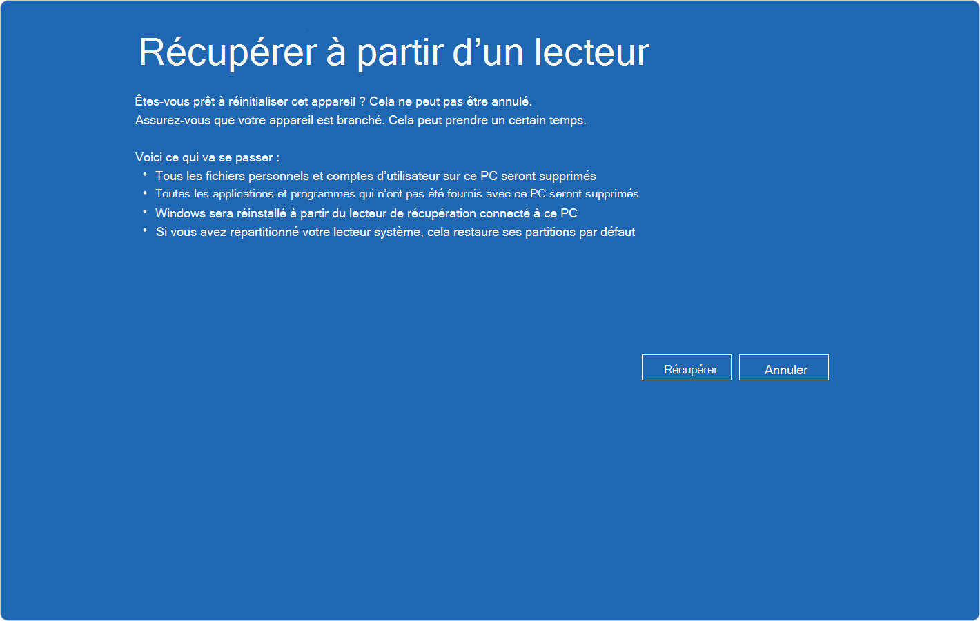 Capture d’écran de Windows RE affichant la confirmation de la récupération à partir d’un lecteur