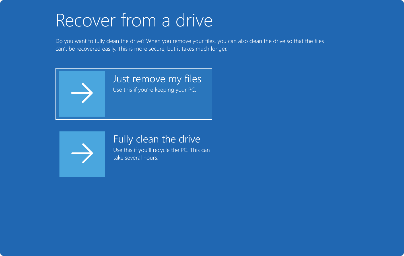 Capture d’écran de Windows RE affichant les options de récupération à partir d’un lecteur