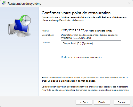 Capture d’écran de la restauration du système.