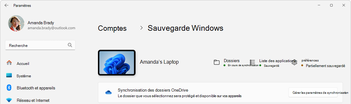 Capture d’écran des paramètres montrant le status de sauvegarde Windows.