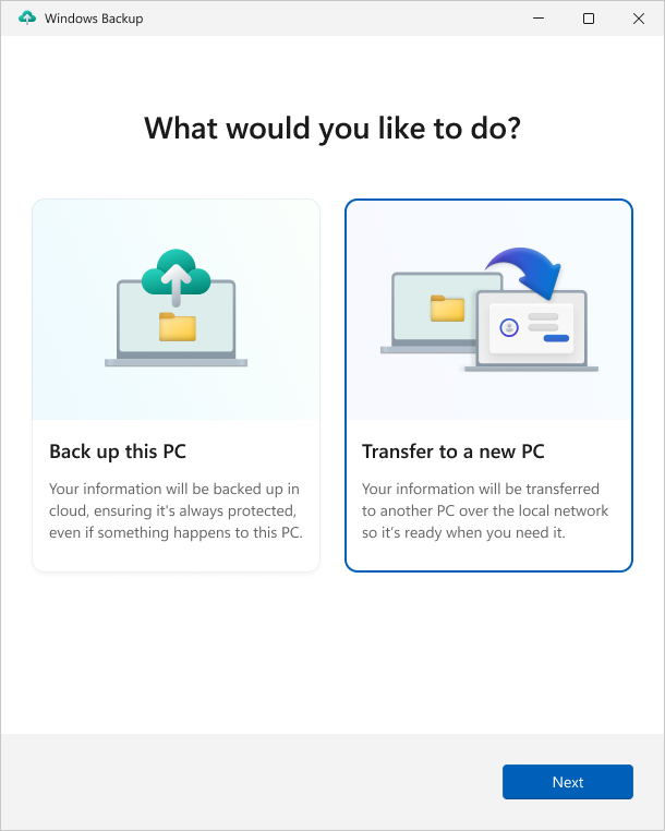 Capture d’écran de l’application Sauvegarde Windows, montrant l’option permettant de transférer des informations vers un nouveau PC.