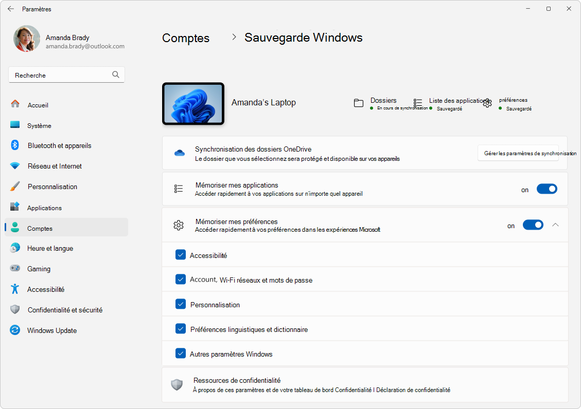 Capture d’écran de la sauvegarde Windows des comptes > de paramètres > dans Windows 11.