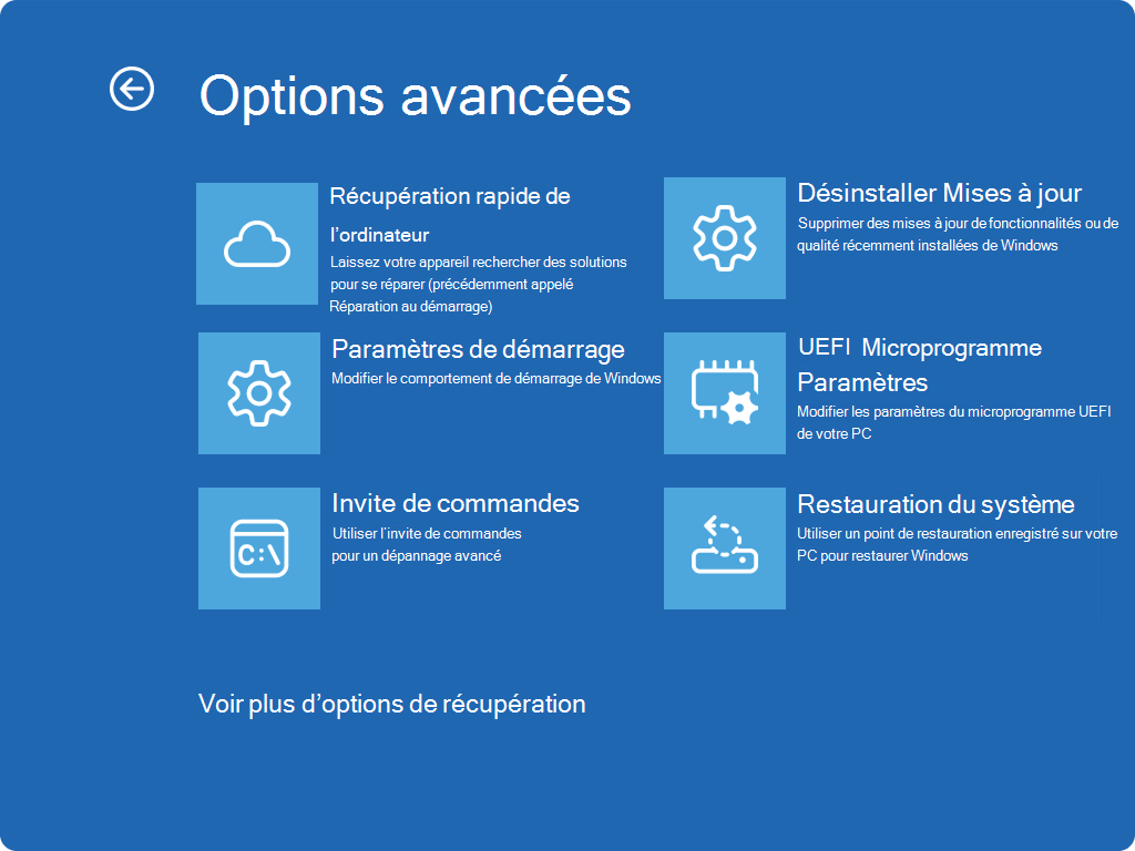 Capture d’écran de Windows RE montrant les options avancées et la nouvelle entrée QMR.