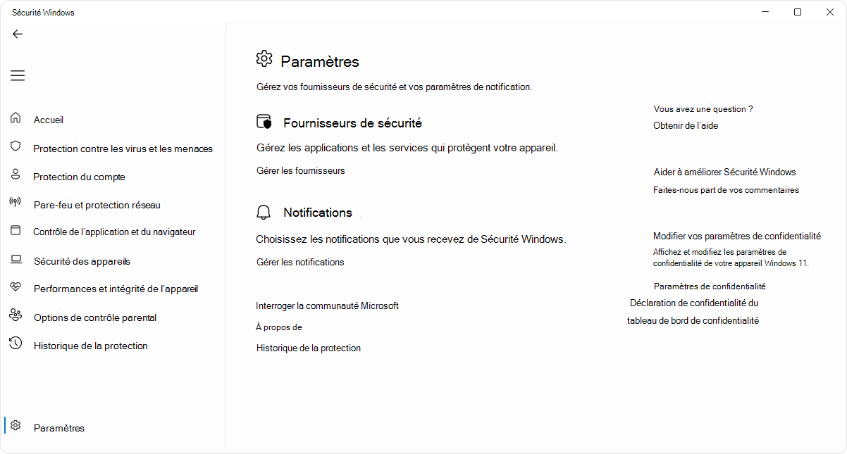 Capture d’écran de la page des paramètres de l’application Sécurité Windows.