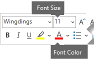 La barre d’outils Format flottante comprend des options pour Taille de police et Couleur de police.