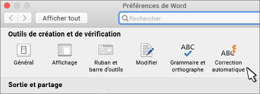Bouton de correction automatique Word pour Mac