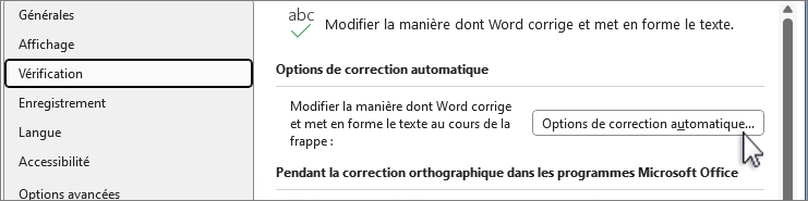 Bouton Options de correction automatique dans la boîte de dialogue Vérification