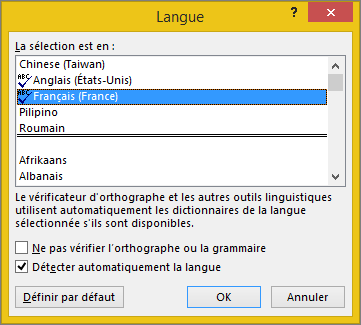 Boîte de dialogue Langue