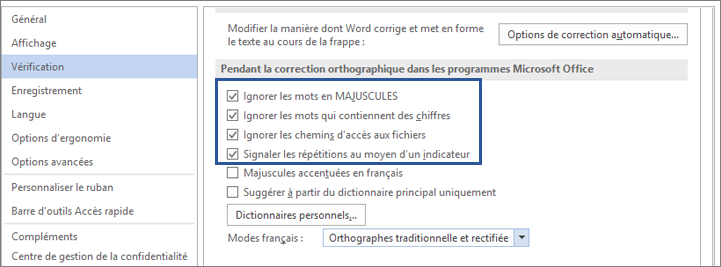 Options permettant d’ignorer des mots lors de la vérification orthographique