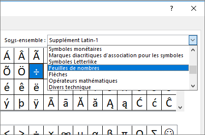 Sélectionner Feuilles de nombres dans la boîte de dialogue Sous-ensemble pour afficher les fractions et autres symboles mathématiques