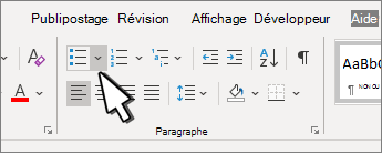 Flèche vers le bas mise en surbrillance dans le groupe Paragraphe.