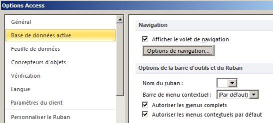 paramètres des options de navigation