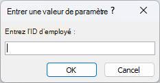 Affiche un exemple de boîte de dialogue Entrer une valeur de paramètre attendue dans Access, avec un identificateur intitulé Entrer l’ID de l’employé, un champ dans lequel entrer une valeur et les boutons OK et Annuler.