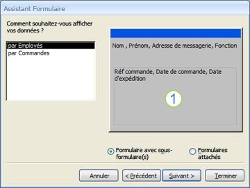 Capture d’écran illustrant la page Sous-formulaire de l’Assistant Formulaire
