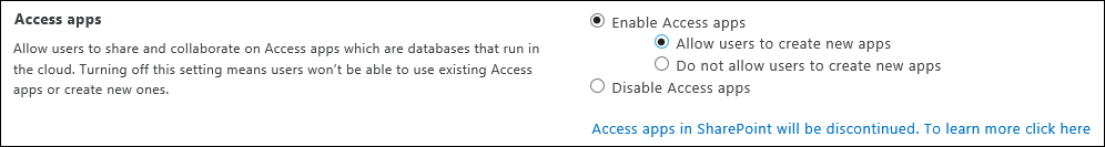 Capture d’écran des paramètres de l’application Access dans la page du Centre d’administration SharePoint