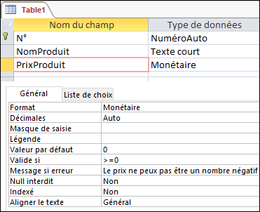 Règle de validation de champ affichée dans le Concepteur de tables Access