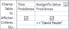 Grille de conception de requête avec . Format de valeur pour le champ Liste de choix