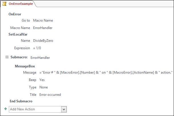 Aire de conception de macros d’Access affichant une action de macro SurErreur.