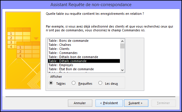 Sélectionnez une table ou requête contenant les enregistrements connexes dans la boîte de dialogue Assistant Requête de non-correspondance.