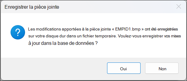 Boîte de message de confirmation Enregistrer la pièce jointe avec les boutons Oui et Non.