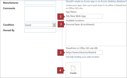 Écran de création d’une nouvelle application web Access
