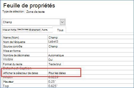 Afficher la propriété du sélecteur de dates dans la feuille de propriétés d’un formulaire