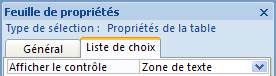 Propriété Afficher le contrôle en mode Création de requête