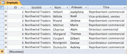 Tableau des employés en mode Feuille de données