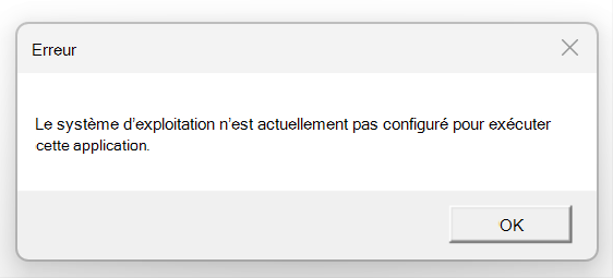 Capture d’écran de l’erreur Le système d’exploitation n’est actuellement pas configuré pour exécuter cette application.